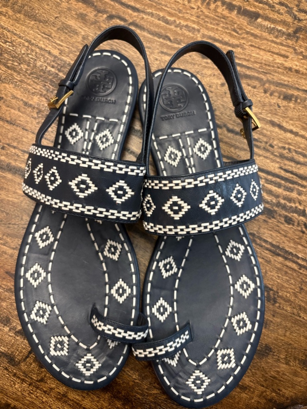 Authentic Tory Burch Navy Blue Reena Tribal Sandals Size 10 Summer Ready
